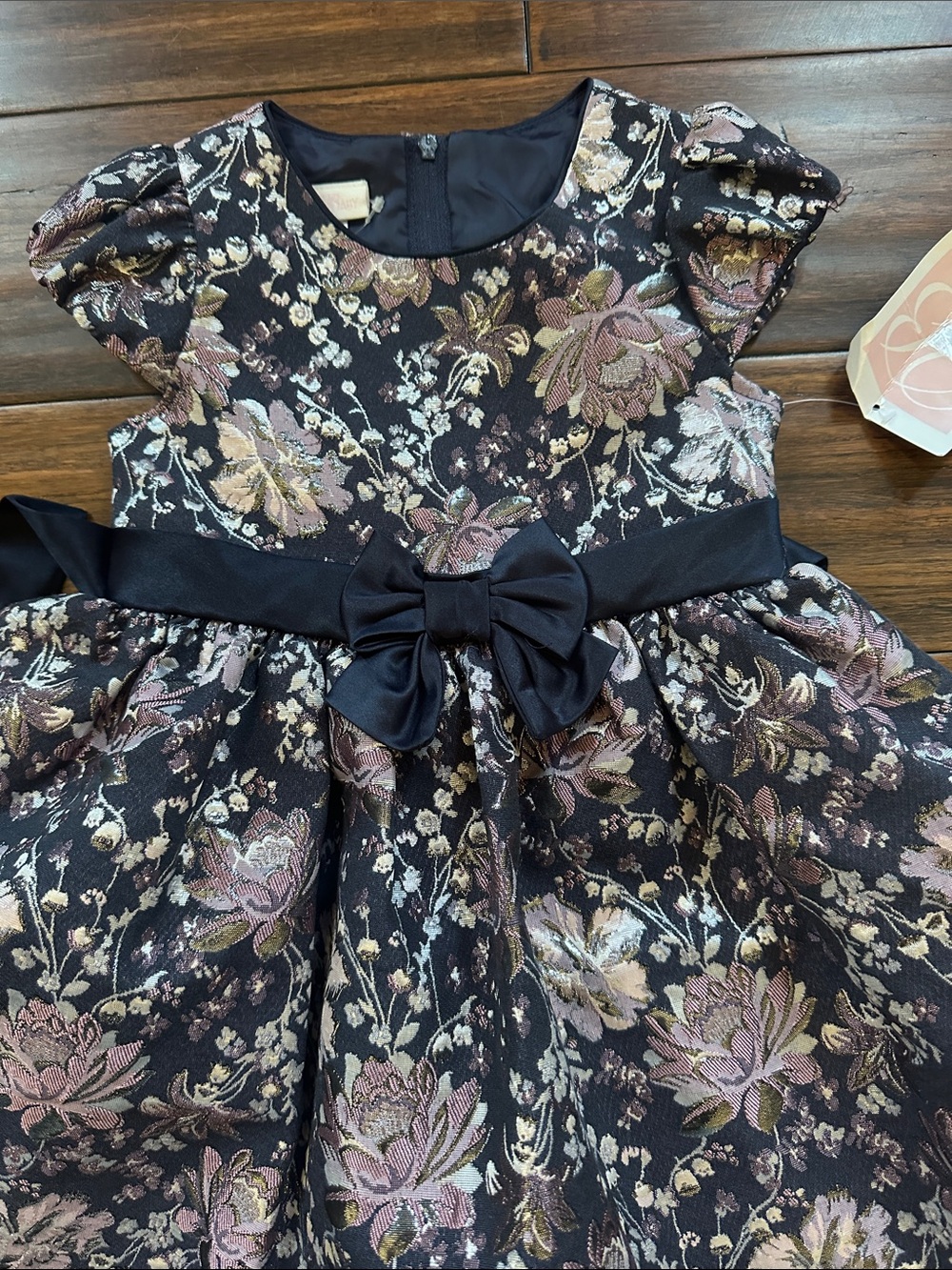 Bonnie Baby Navy Floral Brocade Dress with Satin Bow